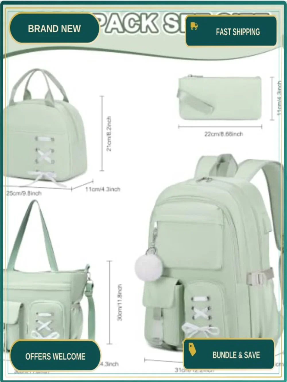 4PC Backpack Set with Lunch Bag & Crossbody for Teen Girls School Travel